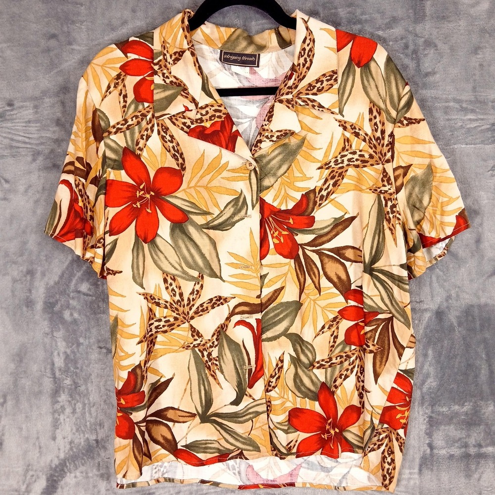 Intriguing Threads Shirt Mens XL Beige Floral‎ Hawaiian Rayon Button Front